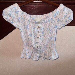 Ultra Flirt Pink and Blue Floral Off-Shoulder Button Peasant Puff Sleeve Blouse